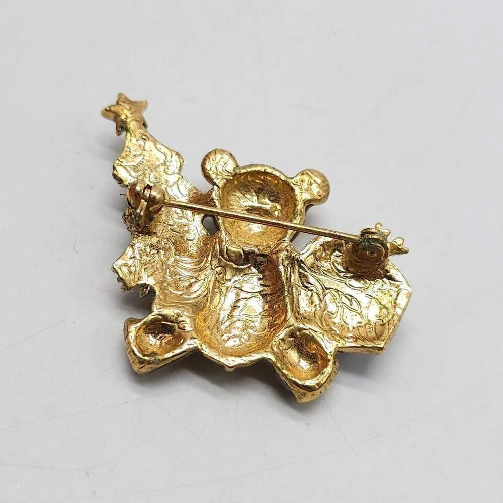 1928 Teddy Bear Christmas Brooch Jewels Tree Present Then Now Forever